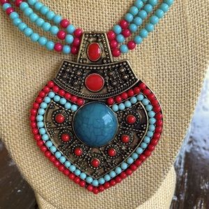 Turquoise, Red and Bronze Showstopper Necklace